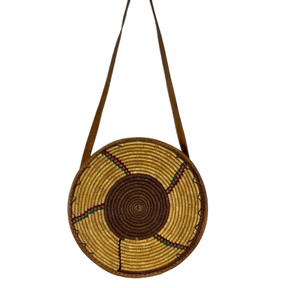 Vintage Woven Round Circle Crossbody Bag Brown Tan Purse Boho Beach Festival